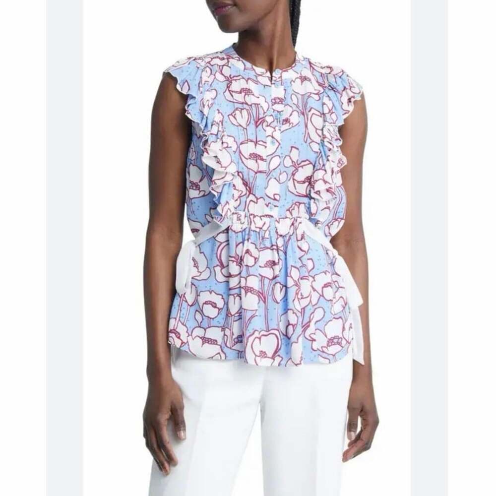 NWOT Ted Baker Audriar Floral Bow Front Blouse Size 2 Blue White Ruffle